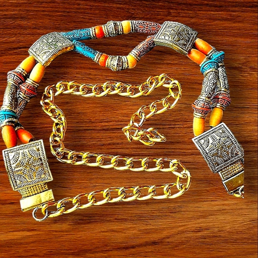 Exotic Belt Boho Beaded Medallion Blue Orange Gold Chunky Belt Tribal Belt